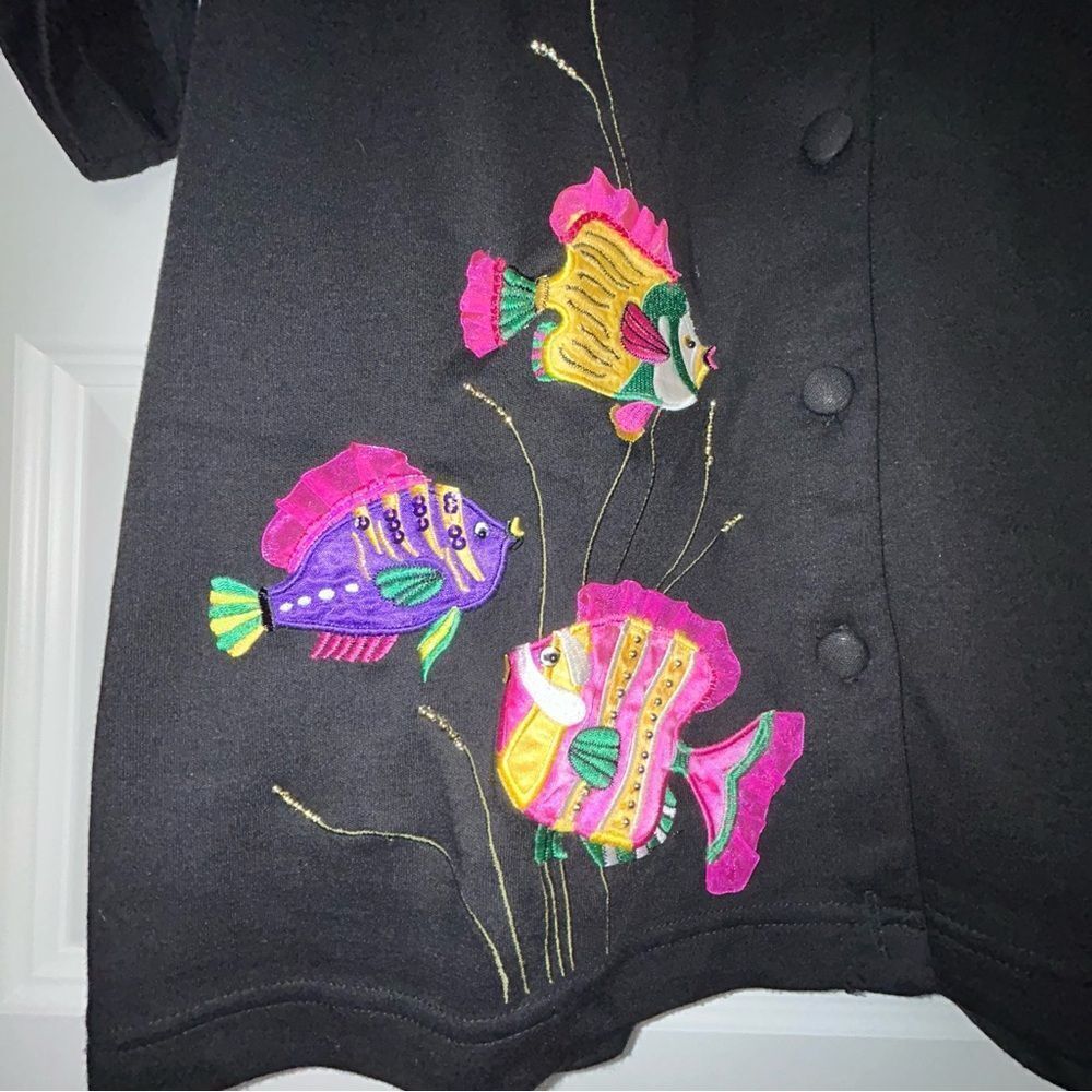 Vintage Lisa International Fish Print Button Front Short Sleeve Shirt Top - Picture 5 of 10